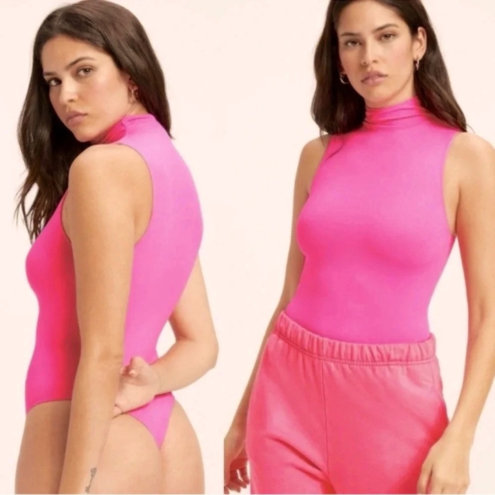 Good American Hot Pink Sleeveless Turtleneck Bodysuit